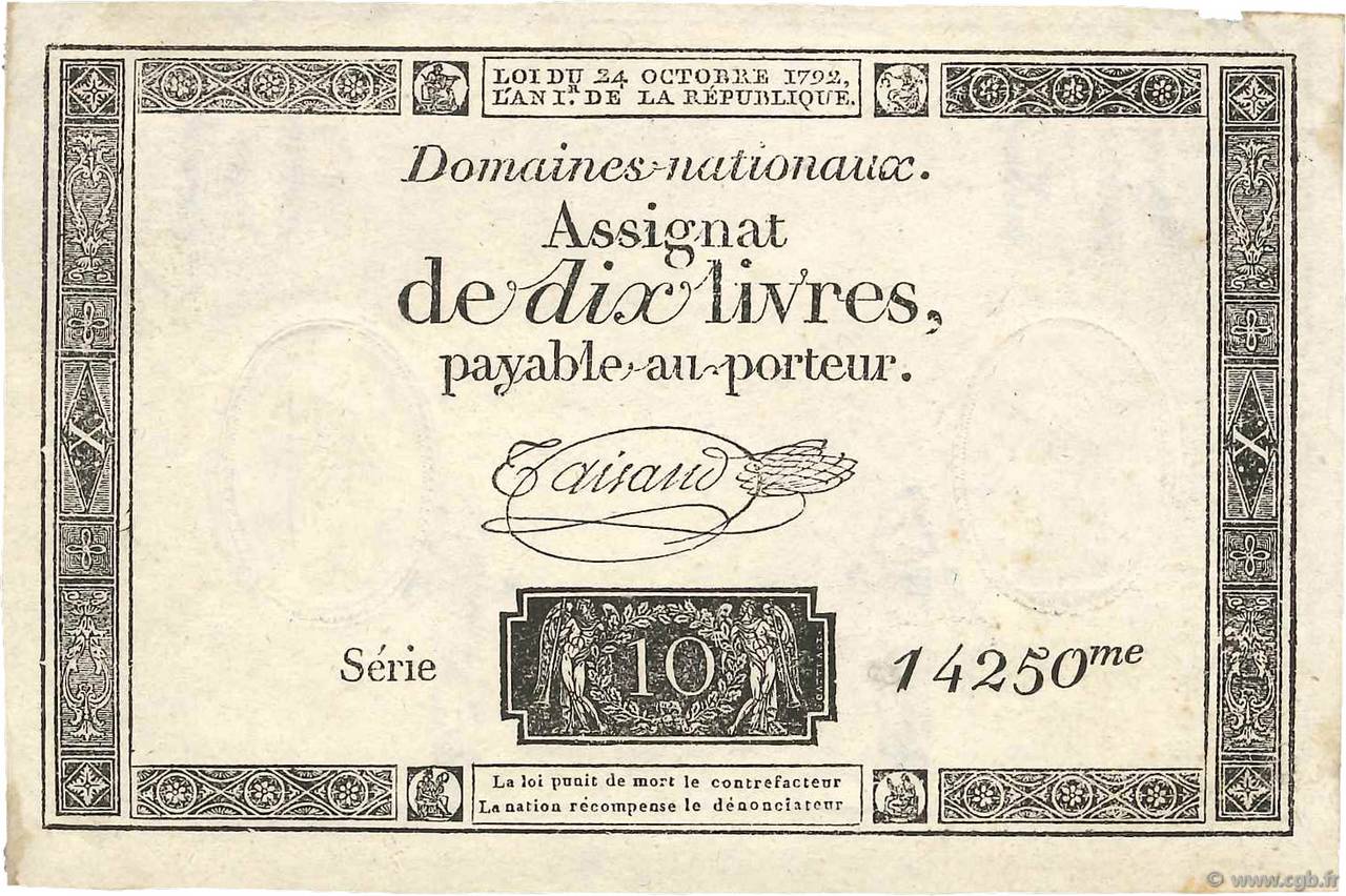 10 Livres filigrane républicain  FRANCE  1792 Ass.36c SUP