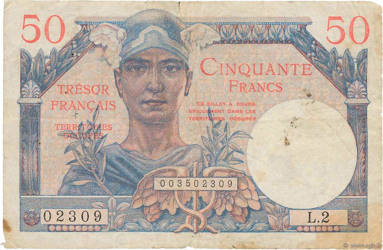 50 Francs TRÉSOR FRANÇAIS FRANCIA  1947 VF.31.02 q.MB