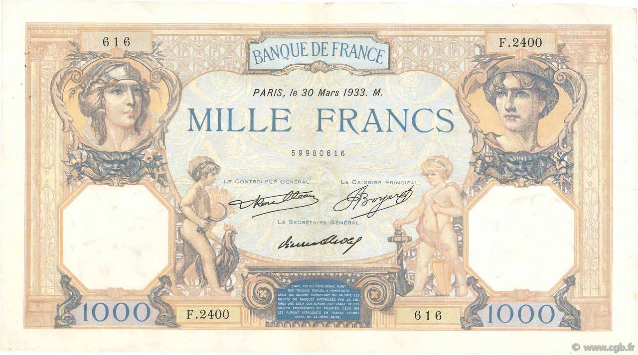 1000 Francs CÉRÈS ET MERCURE FRANCE  1933 F.37.08 TB+