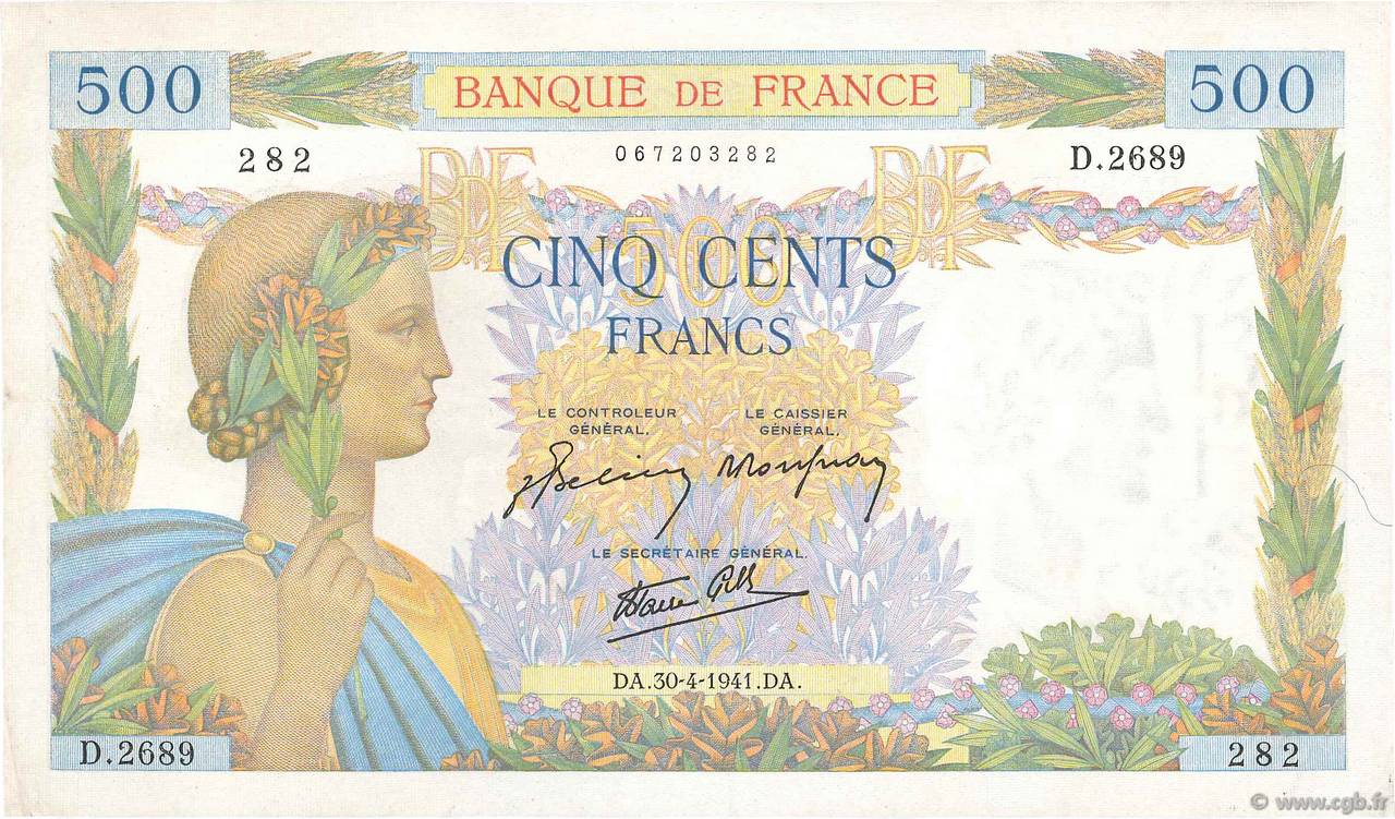 500 Francs LA PAIX FRANCIA  1941 F.32.15 q.SPL