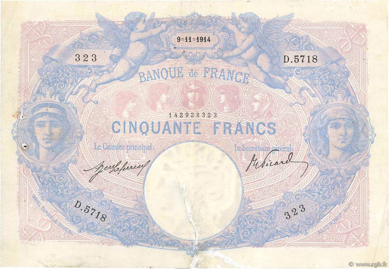 50 Francs BLEU ET ROSE FRANCE  1914 F.14.27 B+