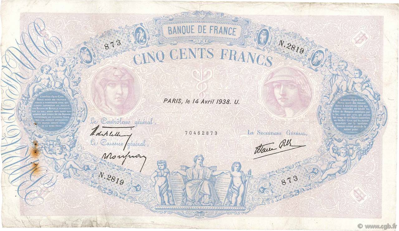 500 Francs BLEU ET ROSE modifié FRANCIA  1938 F.31.08 MB