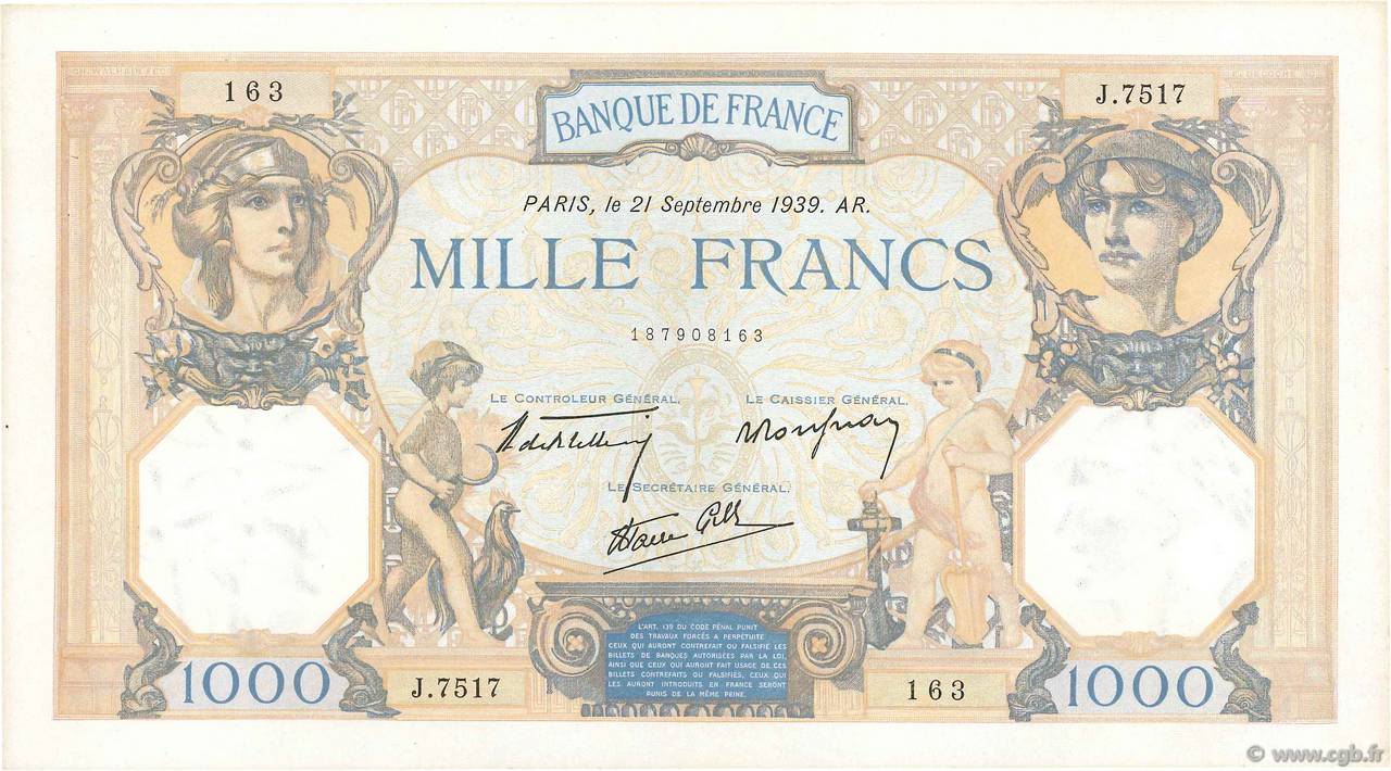 1000 Francs CÉRÈS ET MERCURE type modifié FRANCE  1939 F.38.37 SUP