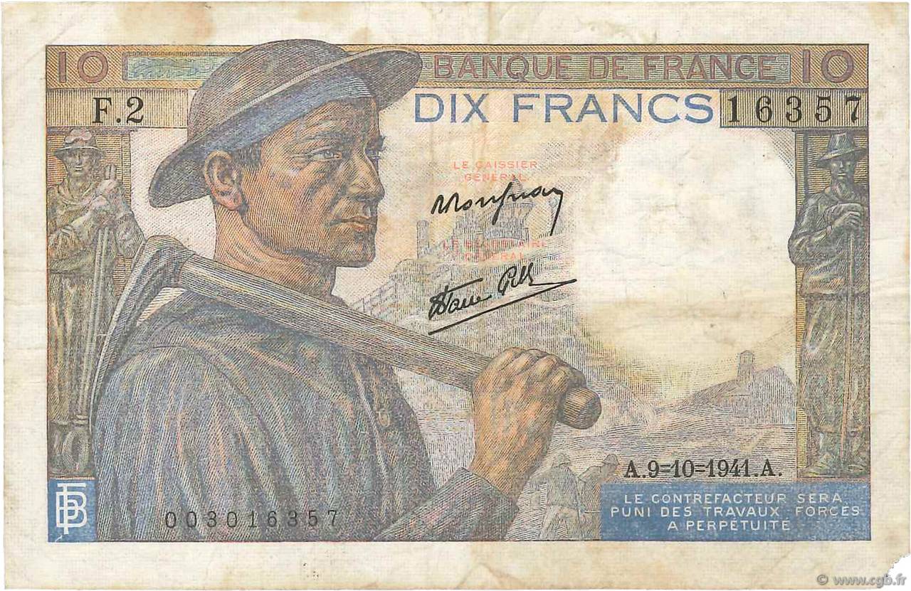 10 Francs MINEUR FRANCE  1941 F.08.02 pr.TB