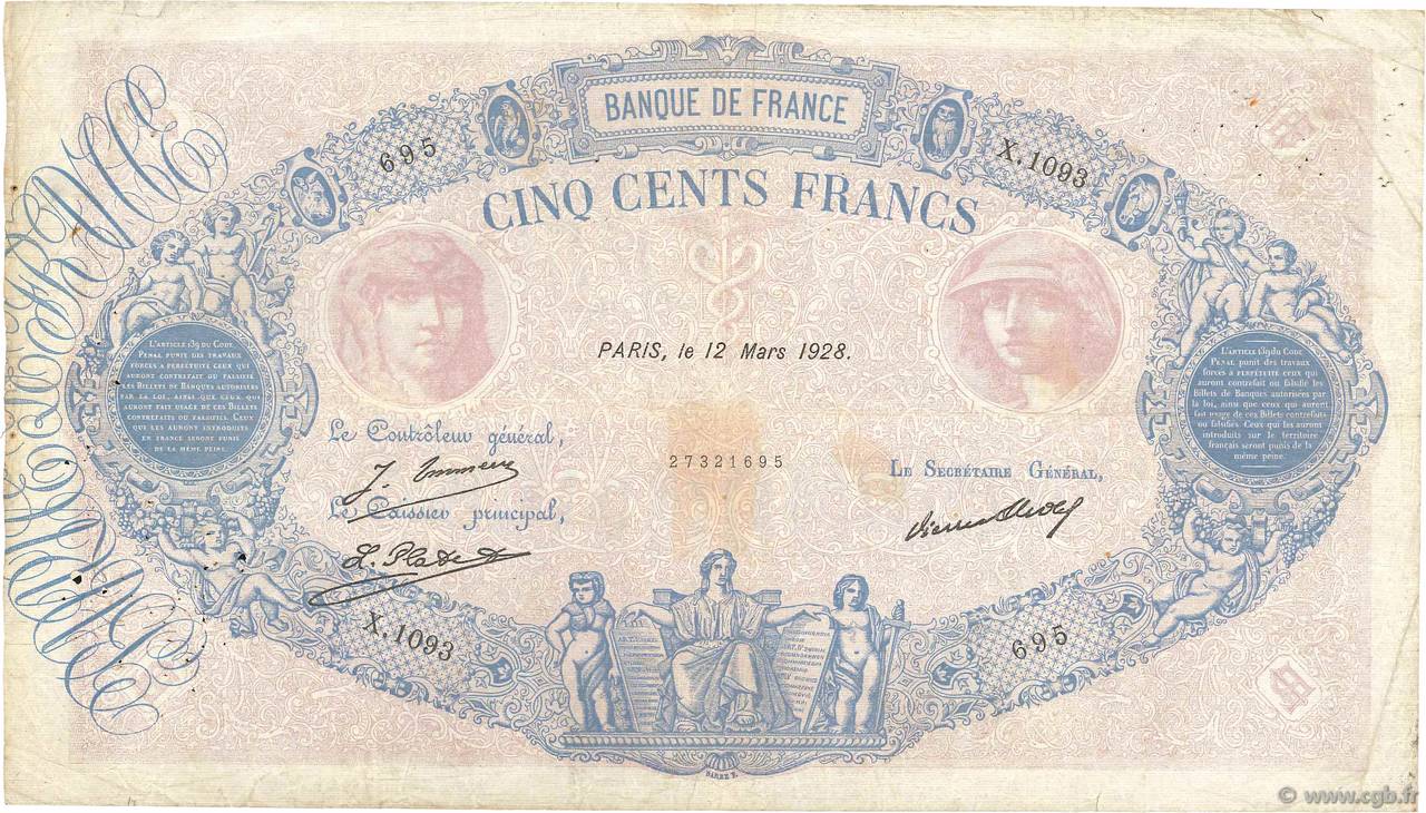500 Francs BLEU ET ROSE FRANCE  1928 F.30.31 B+