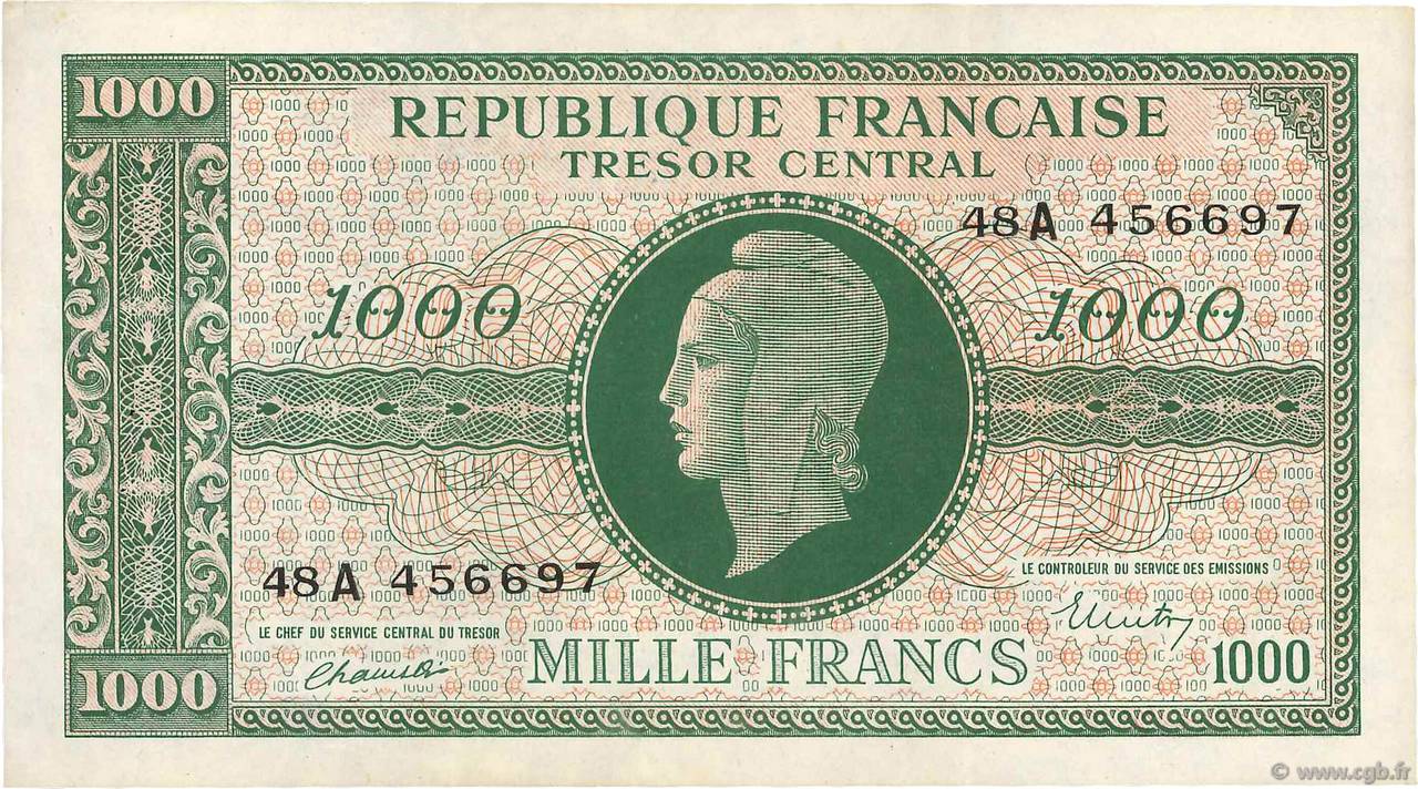 1000 Francs MARIANNE BANQUE D ANGLETERRE FRANCE  1945 VF.12.01 TTB