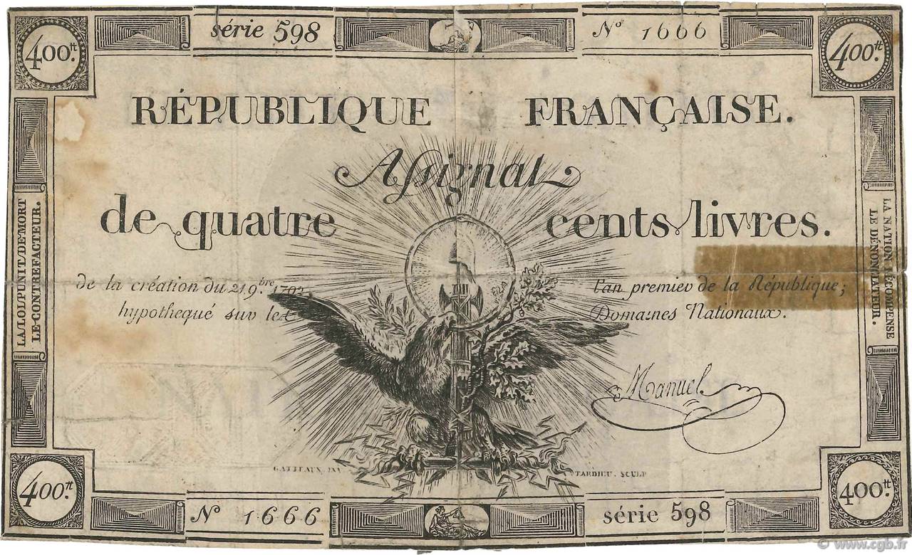 400 Livres FRANCE  1792 Ass.38a B