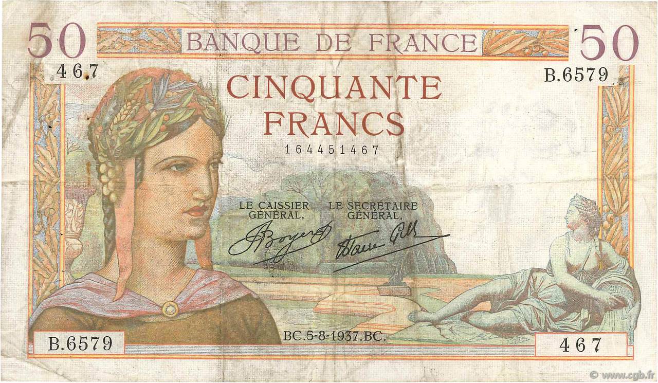 50 Francs CÉRÈS modifié FRANCE  1937 F.18.01 pr.TB