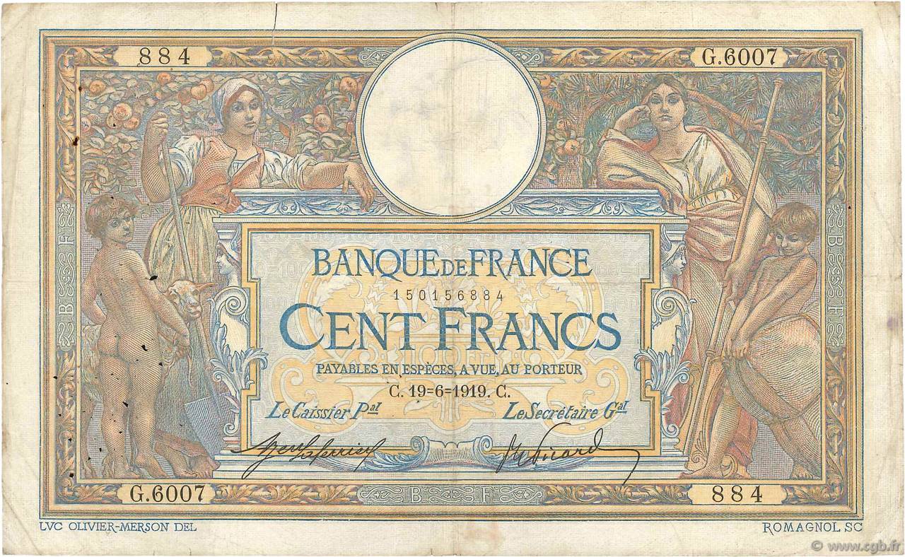 100 Francs LUC OLIVIER MERSON sans LOM FRANCE  1919 F.23.11 B