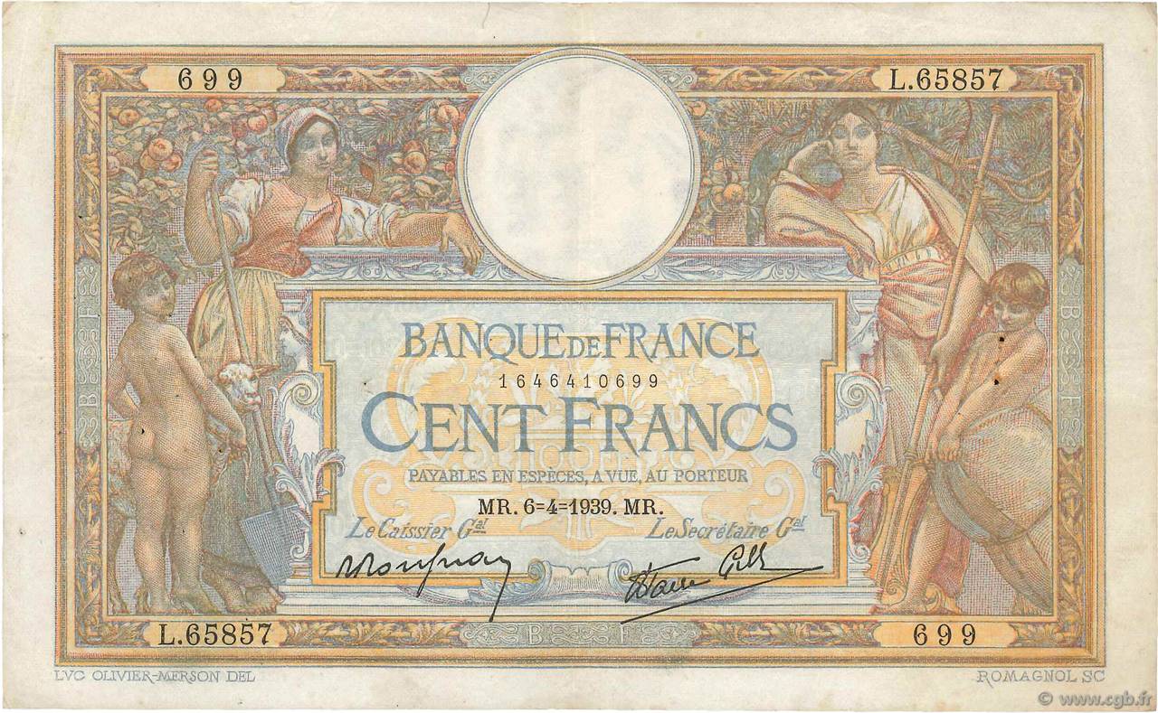 100 Francs LUC OLIVIER MERSON type modifié FRANCE  1939 F.25.45 TB