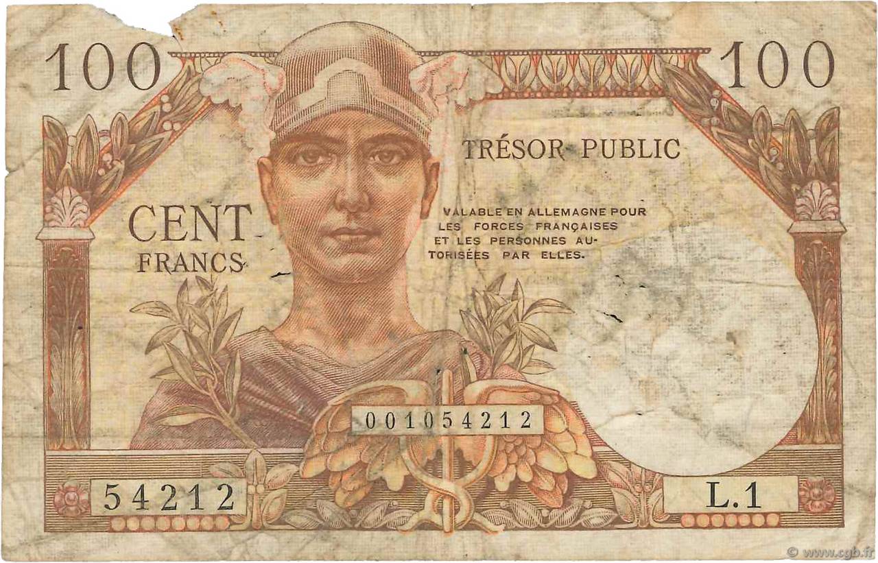 100 Francs TRÉSOR PUBLIC FRANCE  1955 VF.34.01 AB