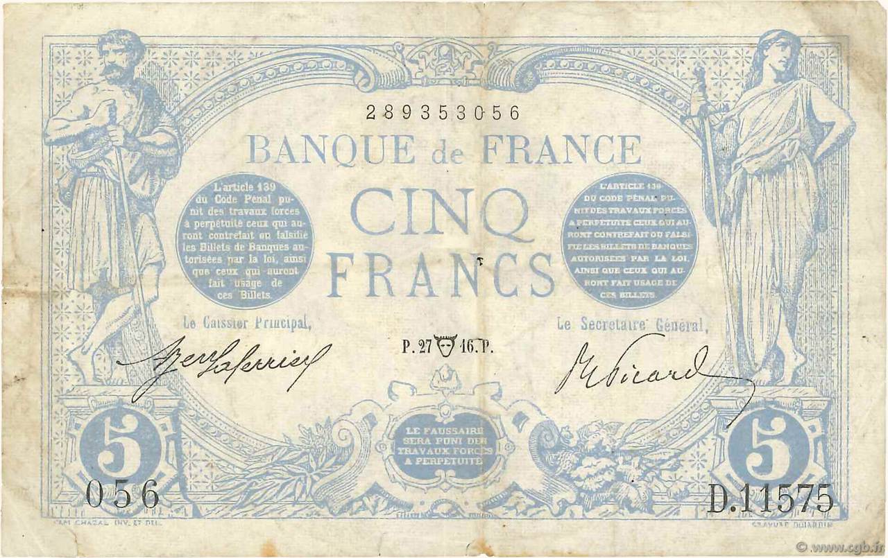 5 Francs BLEU FRANCE  1916 F.02.38 B+