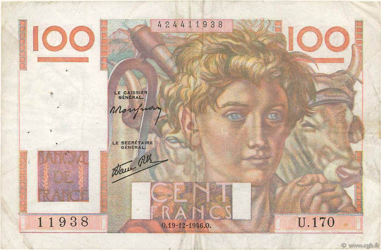 100 Francs JEUNE PAYSAN FRANCE  1946 F.28.12 pr.TTB