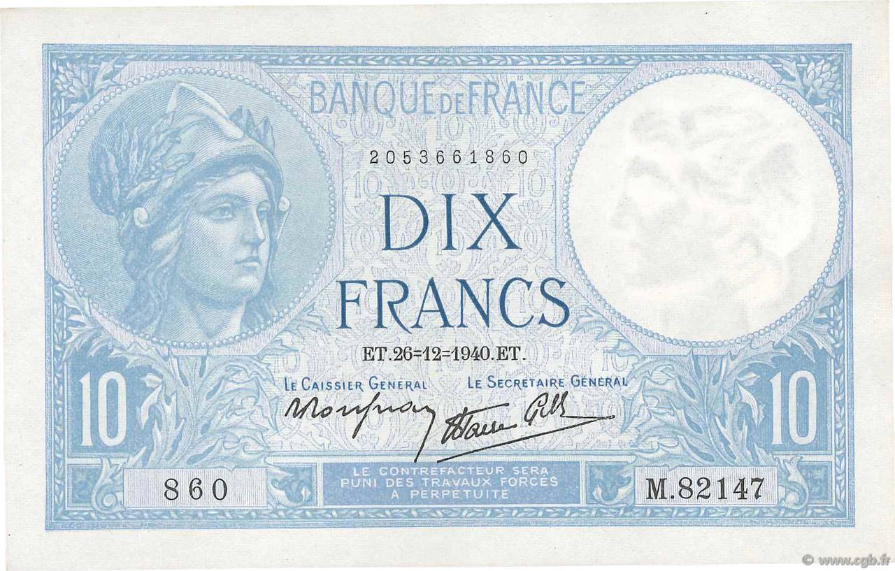 10 Francs MINERVE modifié FRANCE  1940 F.07.25 SUP+