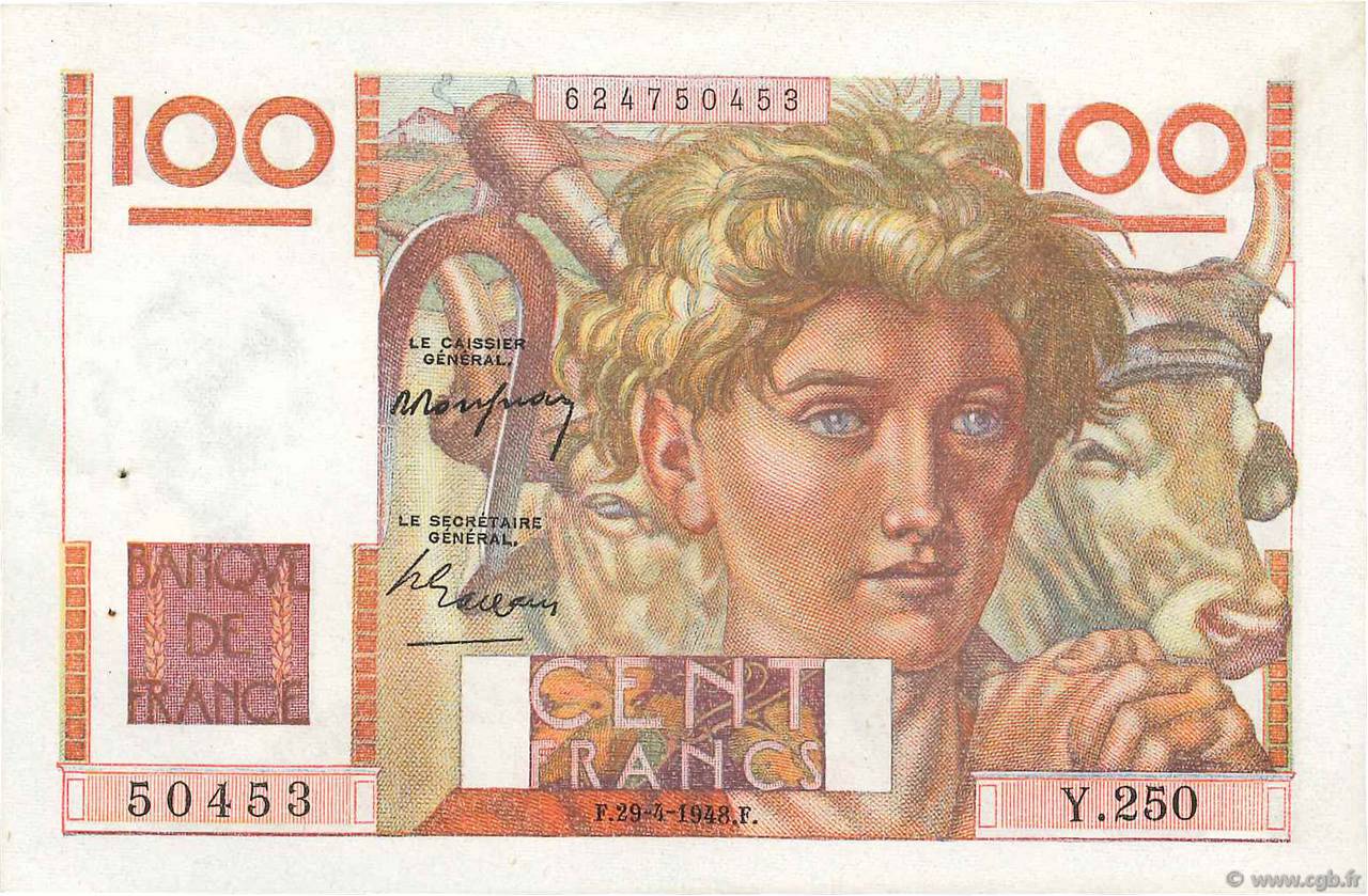 100 Francs JEUNE PAYSAN FRANCE  1948 F.28.18 pr.SPL