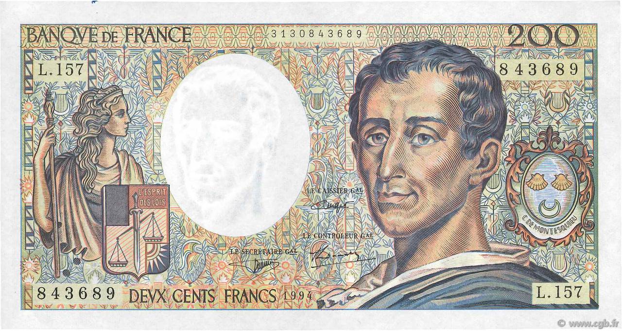200 Francs MONTESQUIEU Modifié FRANCE  1994 F.70/2.01 pr.SPL