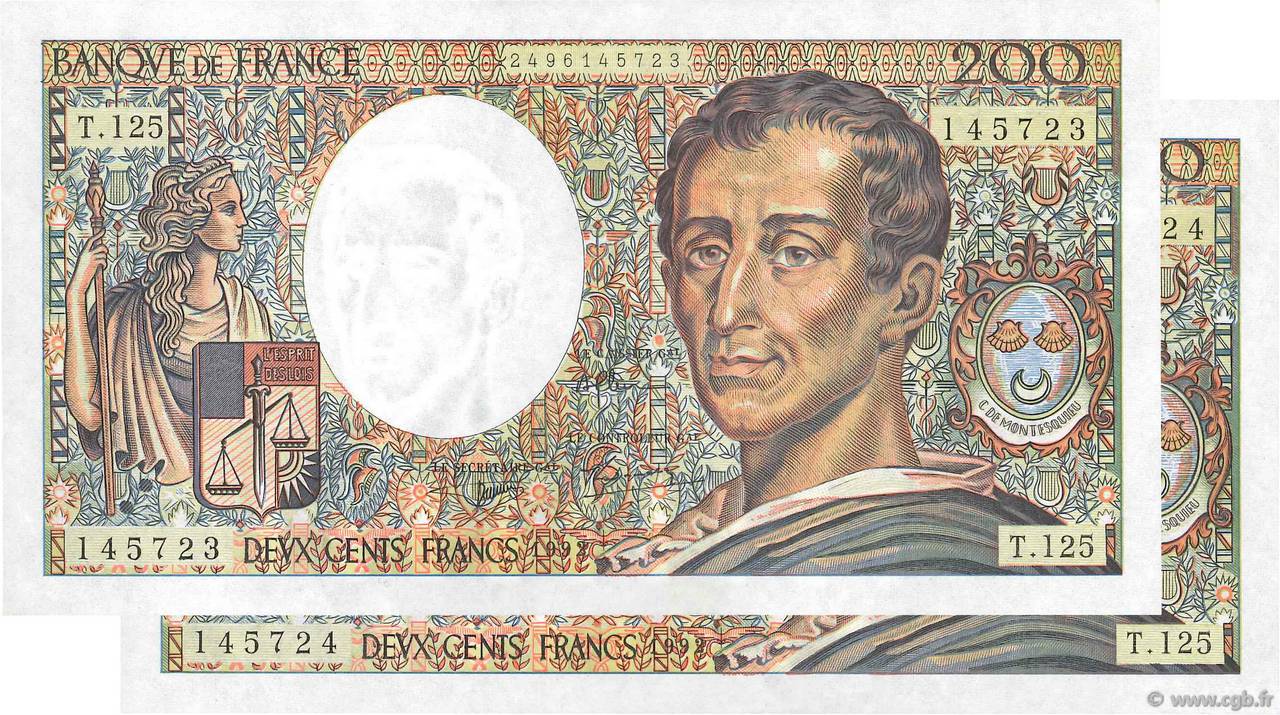 200 Francs MONTESQUIEU Consécutifs FRANCIA  1992 F.70.12b q.FDC