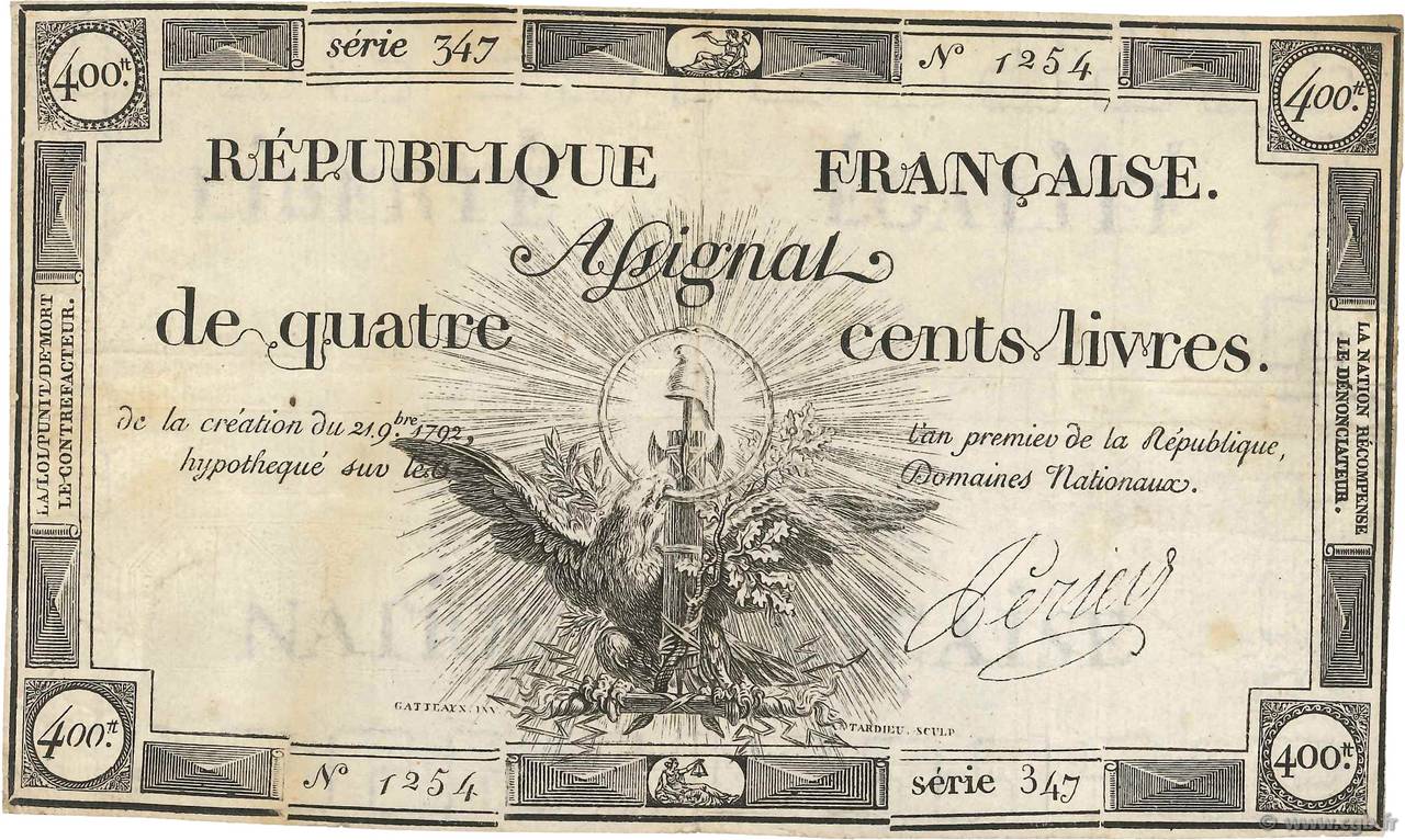 400 Livres FRANCE  1792 Ass.38a TB+