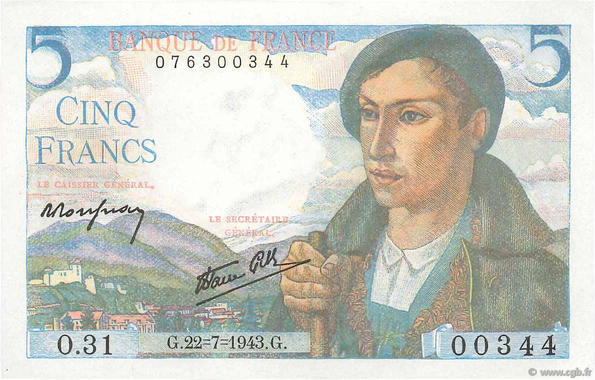 5 Francs BERGER FRANCE  1943 F.05.02 pr.NEUF