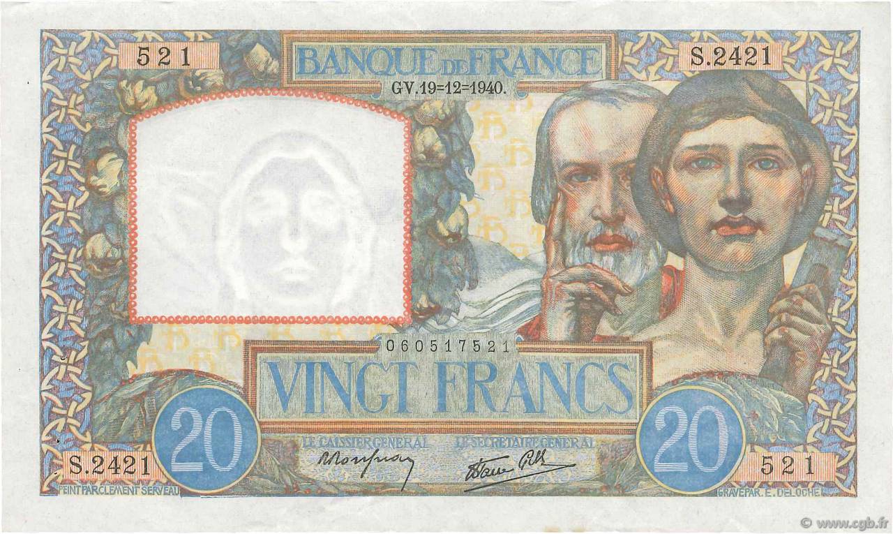 20 Francs TRAVAIL ET SCIENCE FRANCE  1940 F.12.11 SUP