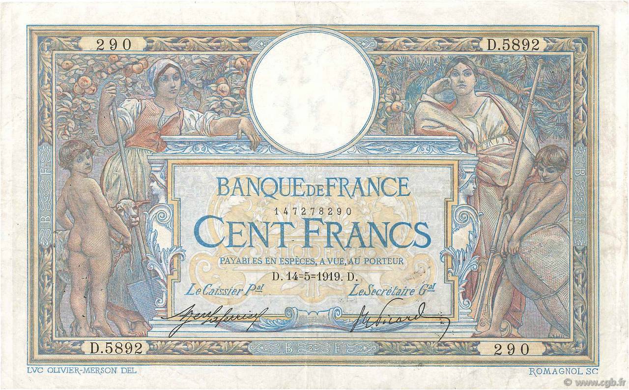 100 Francs LUC OLIVIER MERSON sans LOM FRANCE  1919 F.23.11 TB