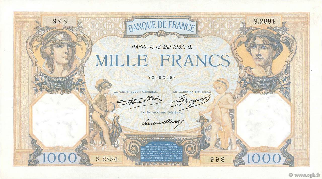 1000 Francs CÉRÈS ET MERCURE FRANCE  1937 F.37.10 pr.SUP