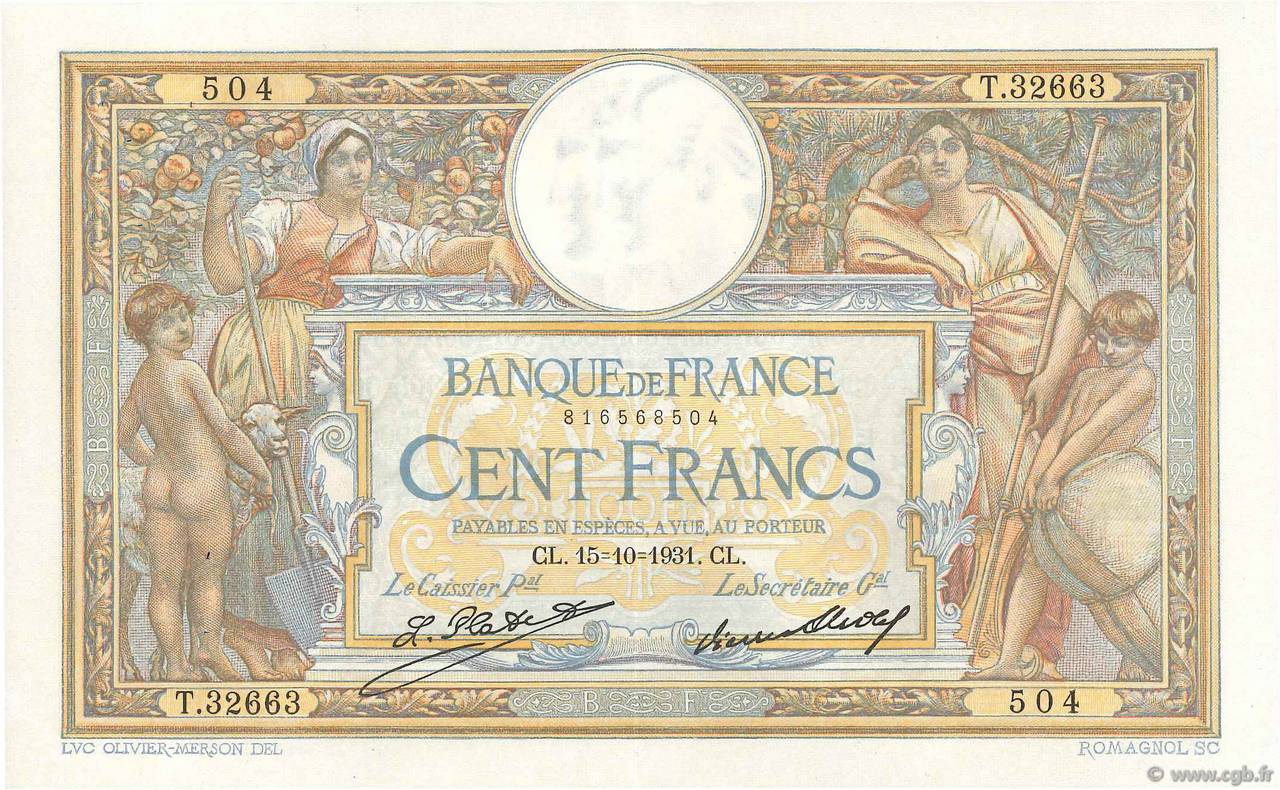 100 Francs LUC OLIVIER MERSON grands cartouches FRANCE  1931 F.24.10 SUP