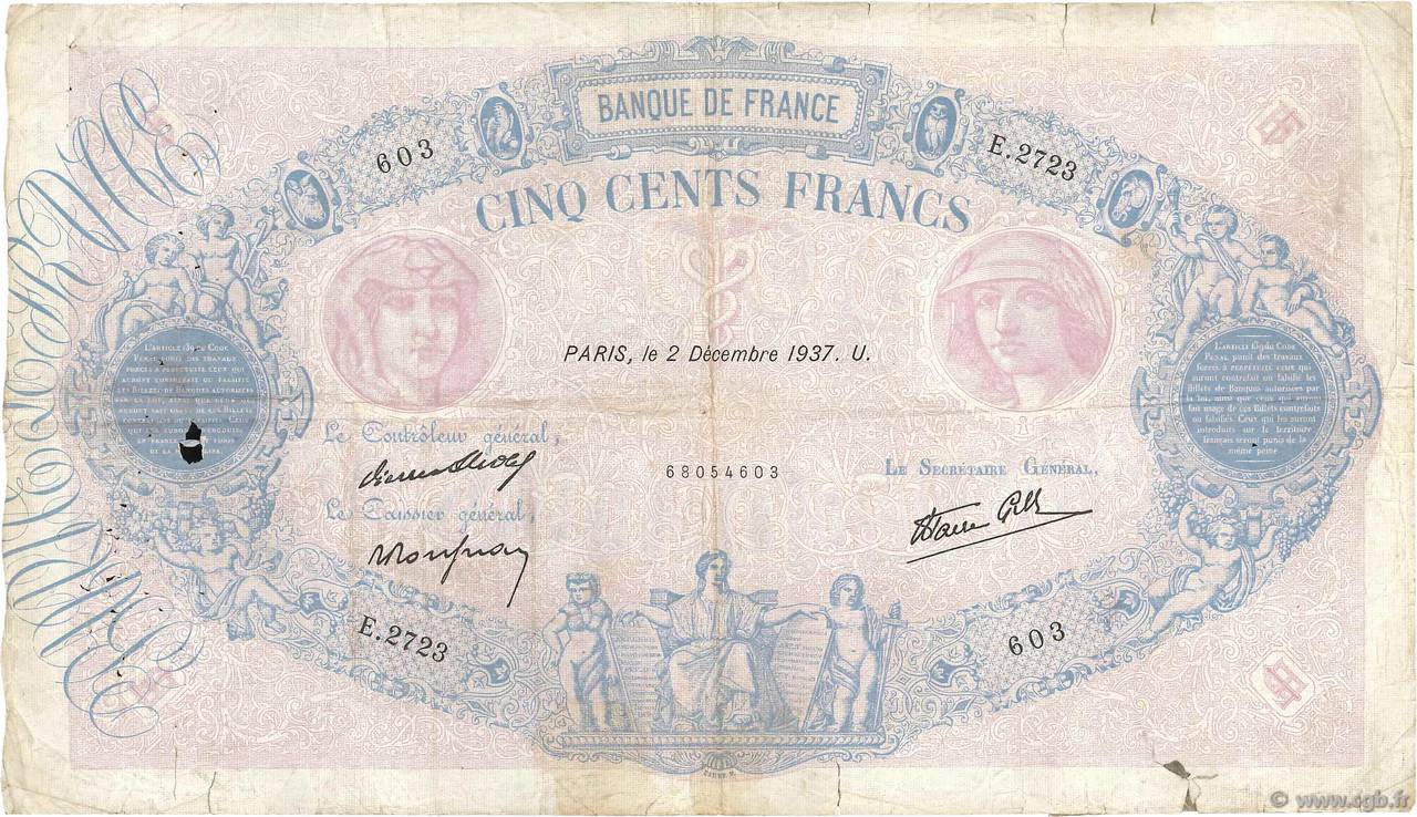 500 Francs BLEU ET ROSE modifié FRANCIA  1937 F.31.04 MC
