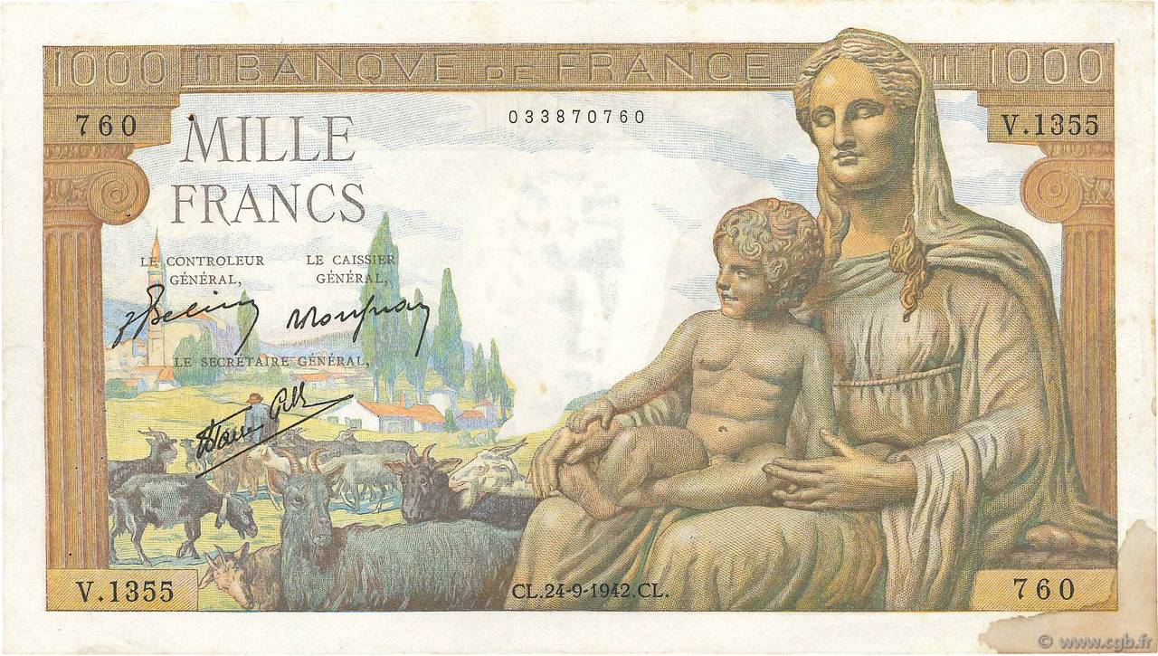 1000 Francs DÉESSE DÉMÉTER FRANCE  1942 F.40.07 VF