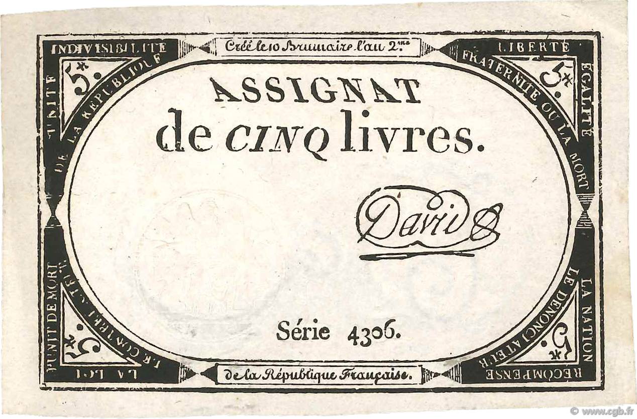 5 Livres FRANCE  1793 Ass.46a XF+