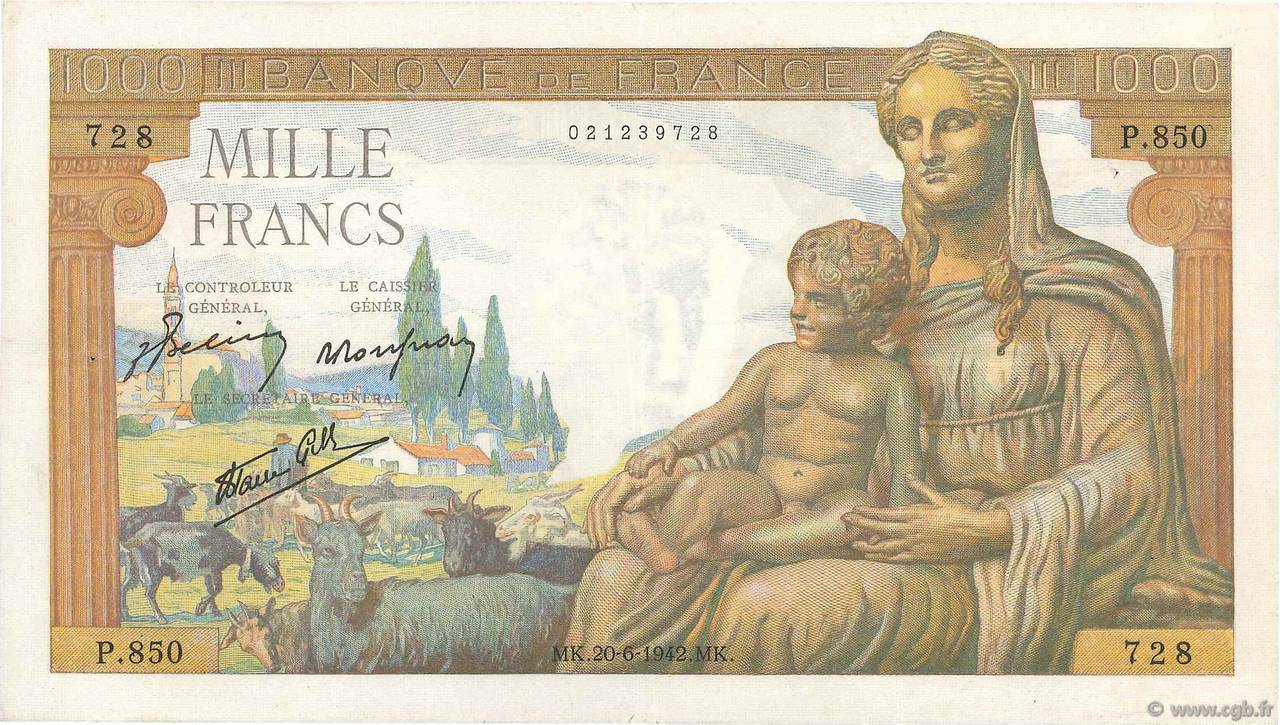 1000 Francs DÉESSE DÉMÉTER FRANCE  1942 F.40.03 TTB