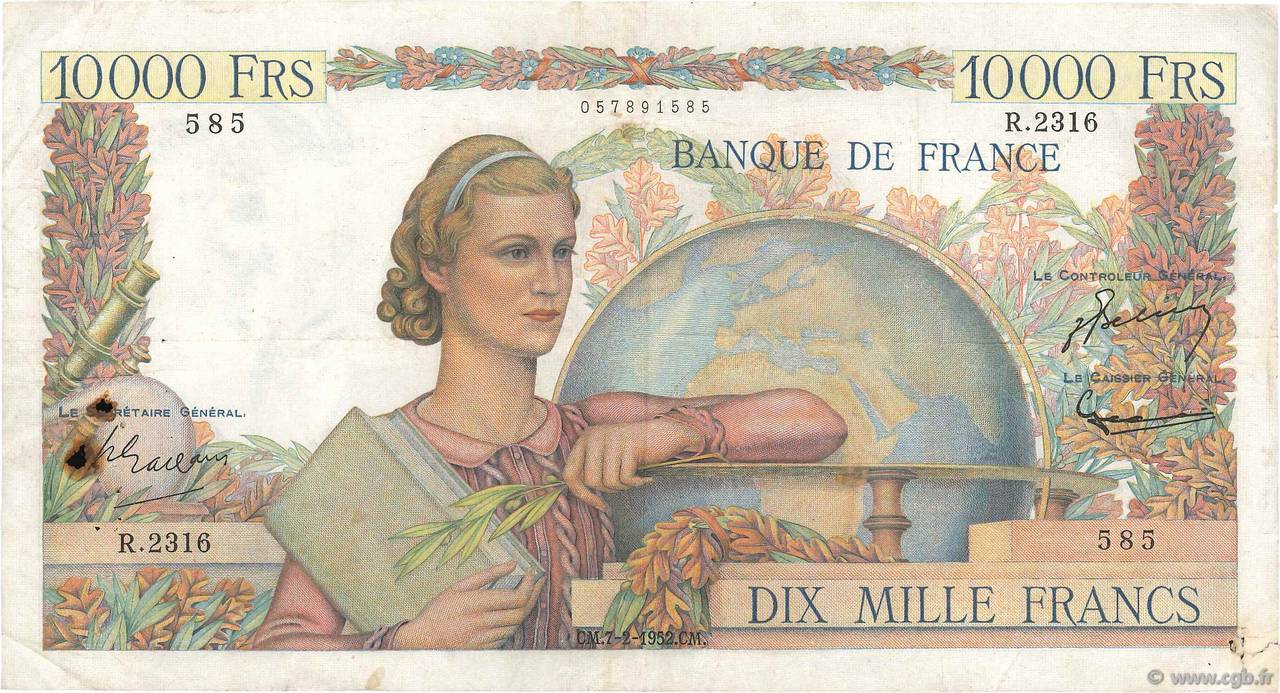 10000 Francs GÉNIE FRANÇAIS FRANCE  1952 F.50.56 B