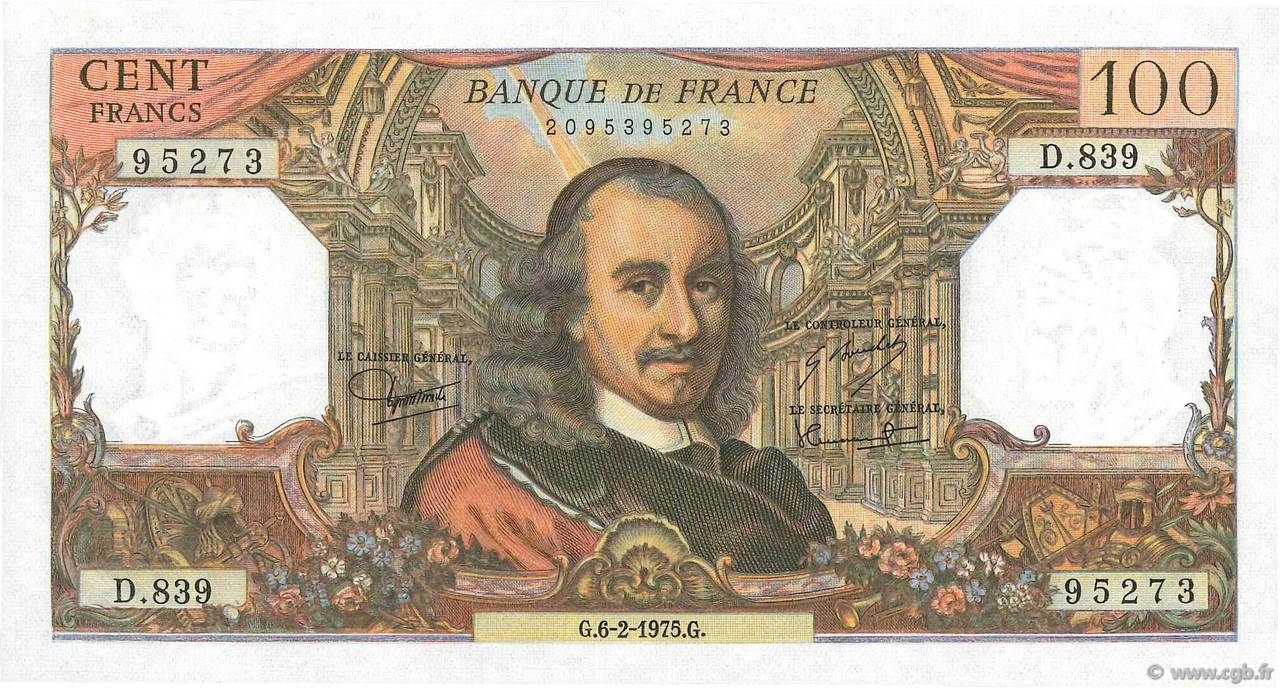 100 Francs CORNEILLE FRANCIA  1975 F.65.48 SC+