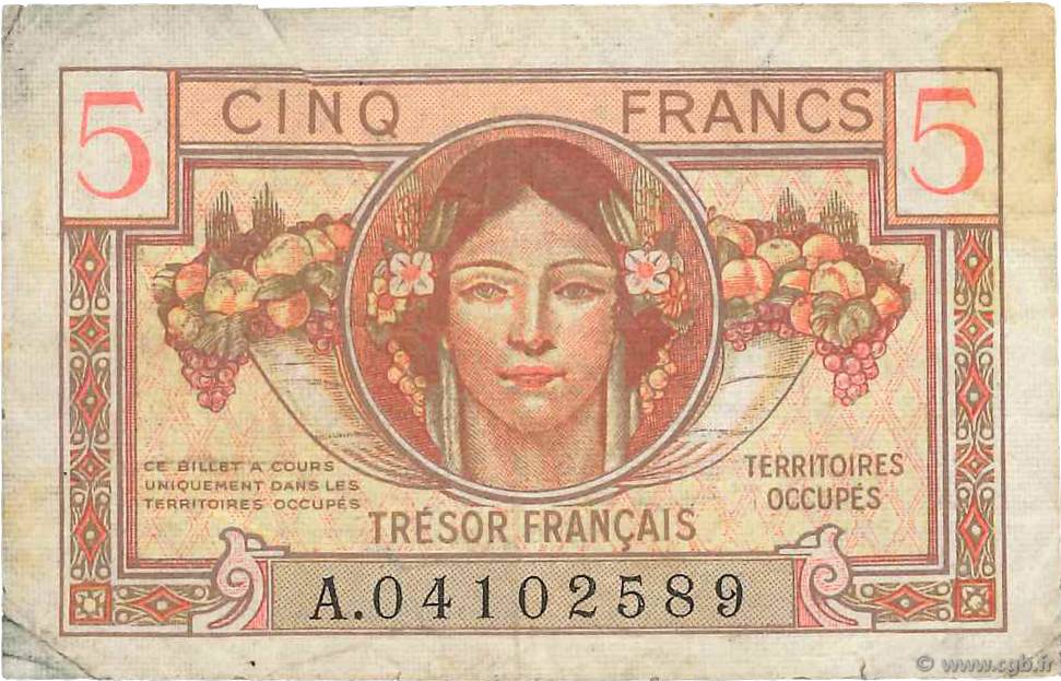 5 Francs TRÉSOR FRANÇAIS FRANCIA  1947 VF.29.01 q.MB