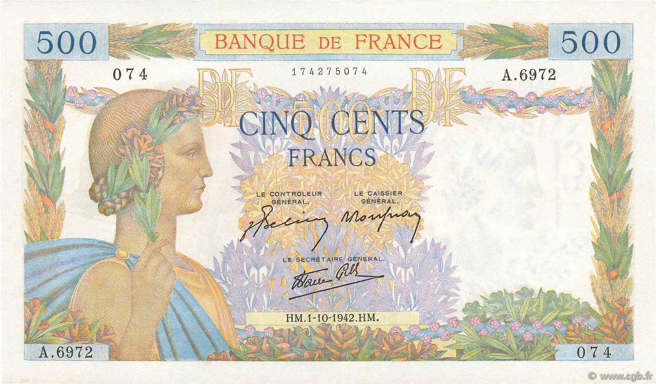 500 Francs LA PAIX FRANCE  1942 F.32.41 pr.NEUF