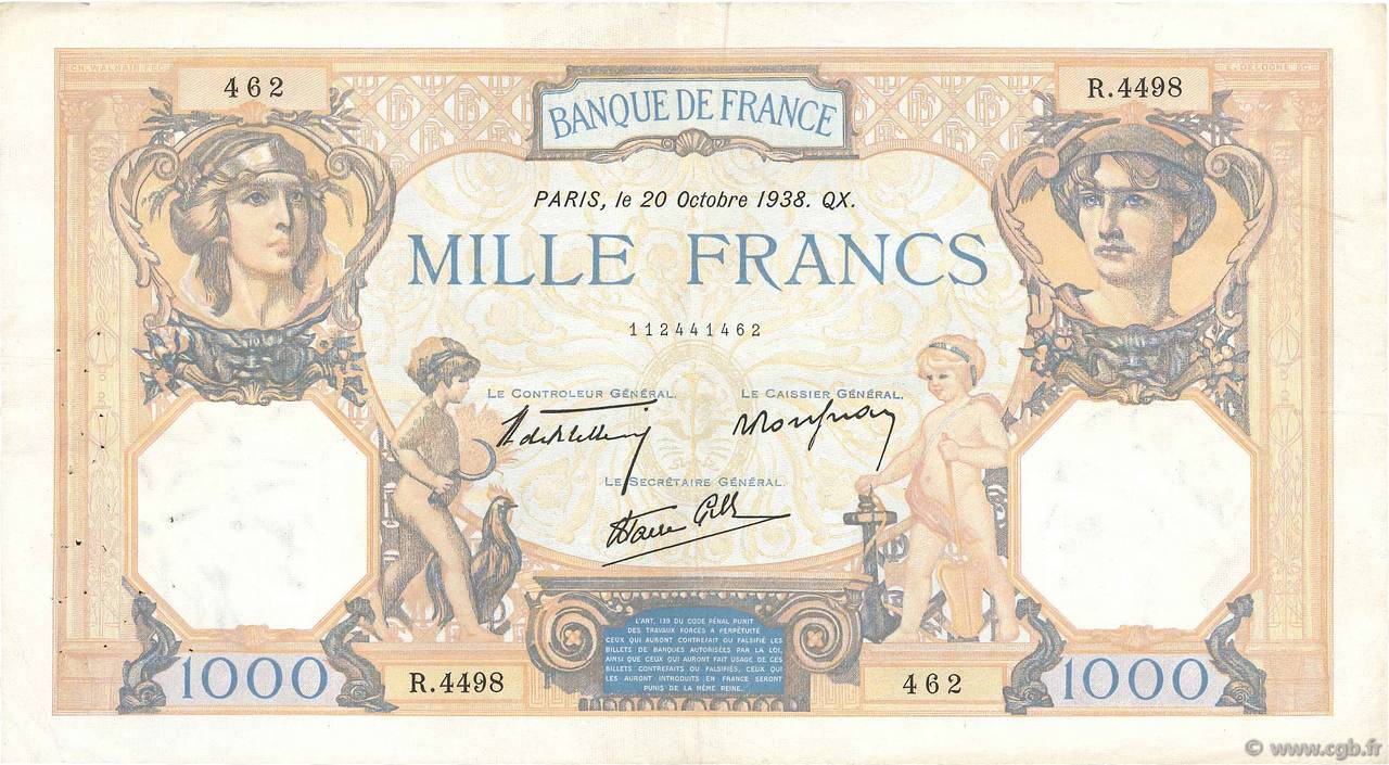 1000 Francs CÉRÈS ET MERCURE type modifié FRANCE  1938 F.38.30 F