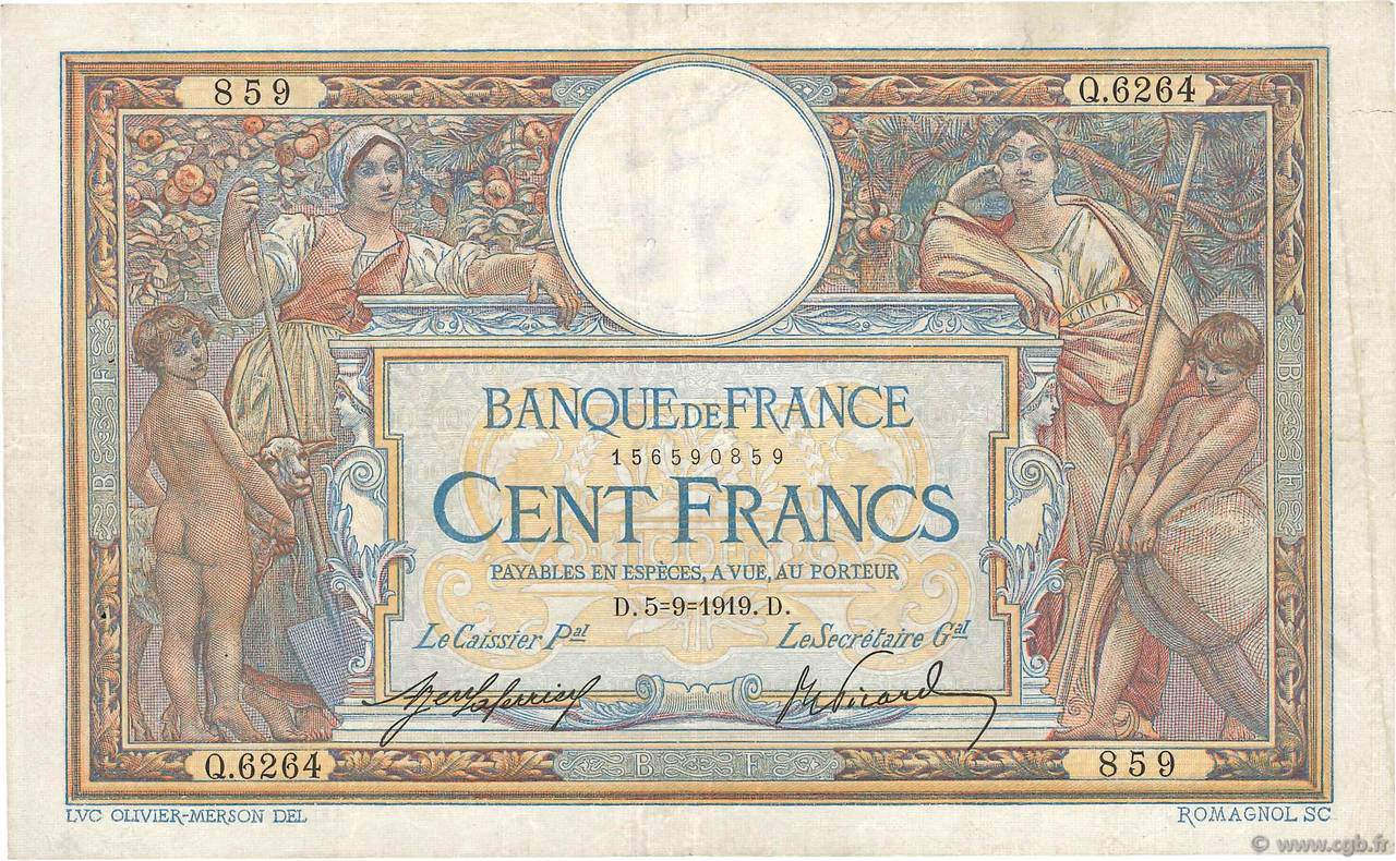 100 Francs LUC OLIVIER MERSON sans LOM FRANCE  1919 F.23.11 pr.TB
