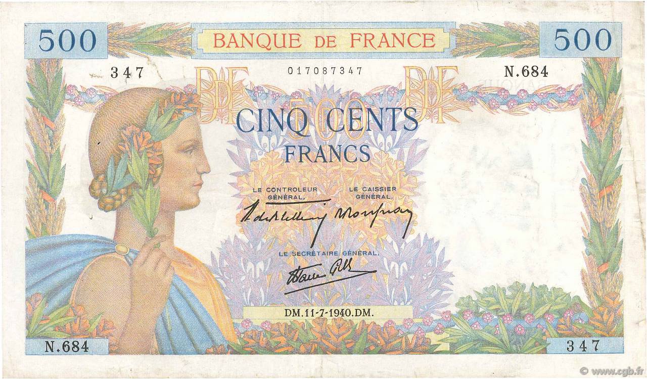 500 Francs LA PAIX FRANCE  1940 F.32.04 TB