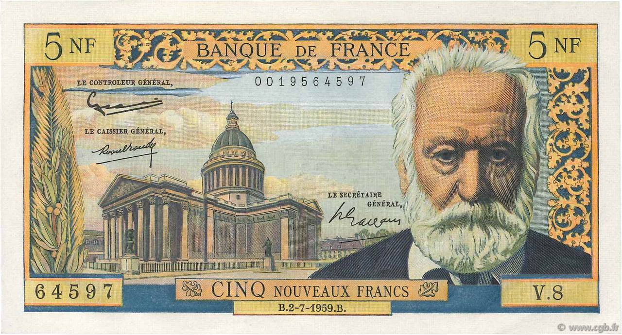 5 Nouveaux Francs VICTOR HUGO FRANCE  1959 F.56.02 pr.SUP
