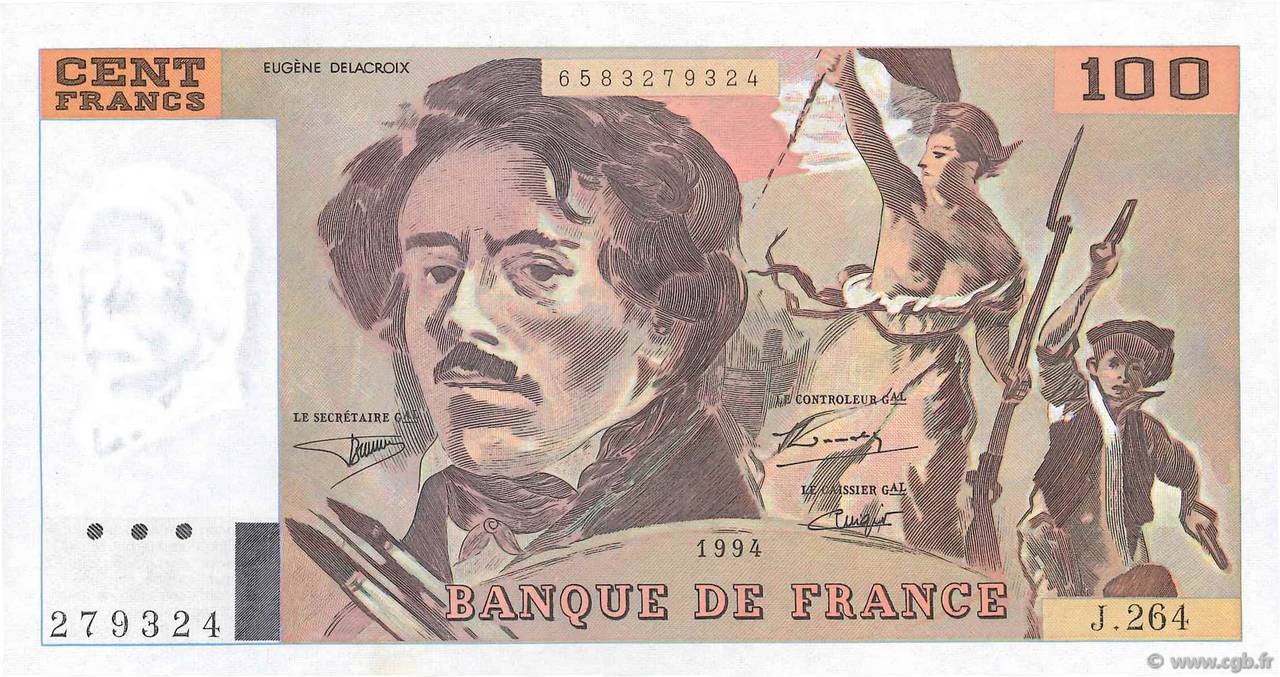 100 Francs DELACROIX 442-1 & 442-2 FRANCE  1994 F.69ter.01b pr.SPL