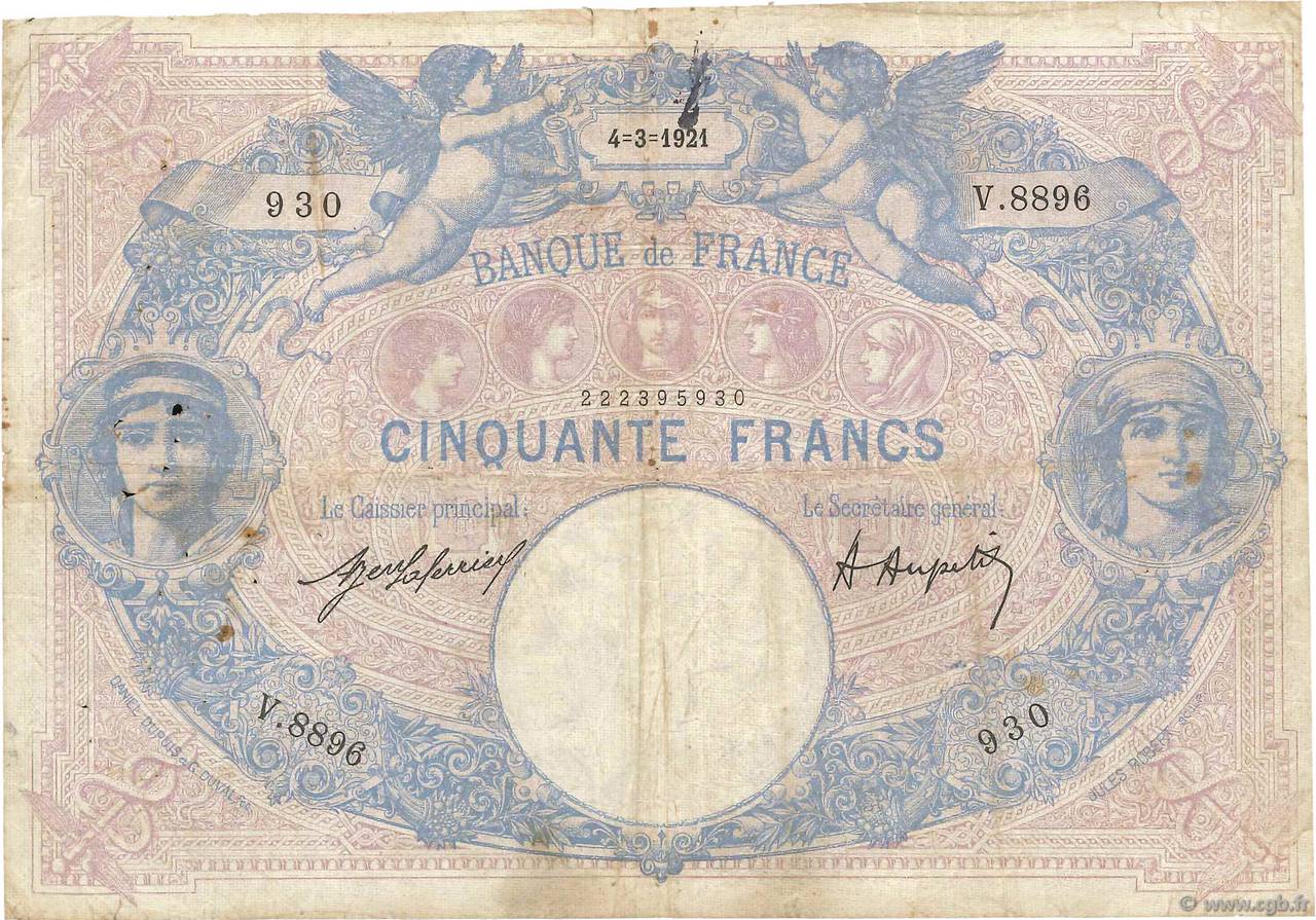 50 Francs BLEU ET ROSE FRANCE  1921 F.14.34 VG