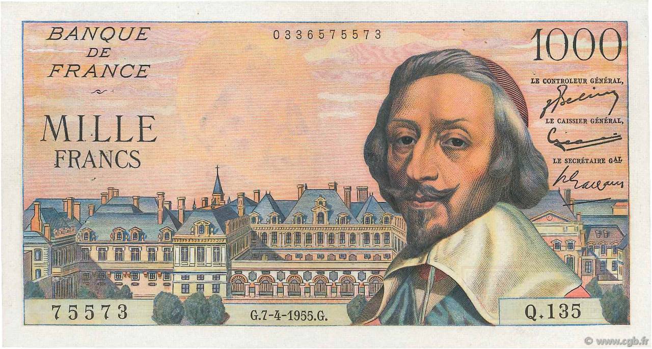 1000 Francs RICHELIEU FRANCE  1955 F.42.12 pr.SUP