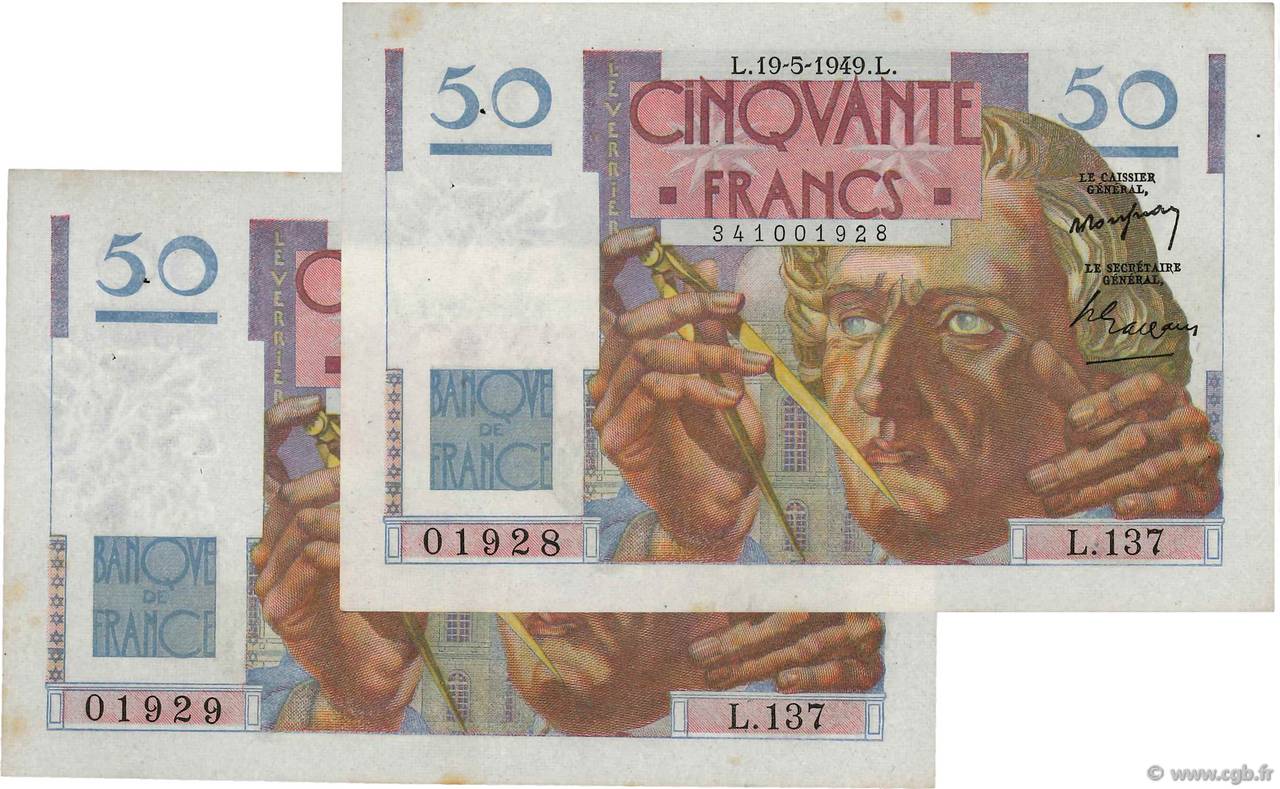 50 Francs LE VERRIER Consécutifs FRANCE  1949 F.20.12 SUP