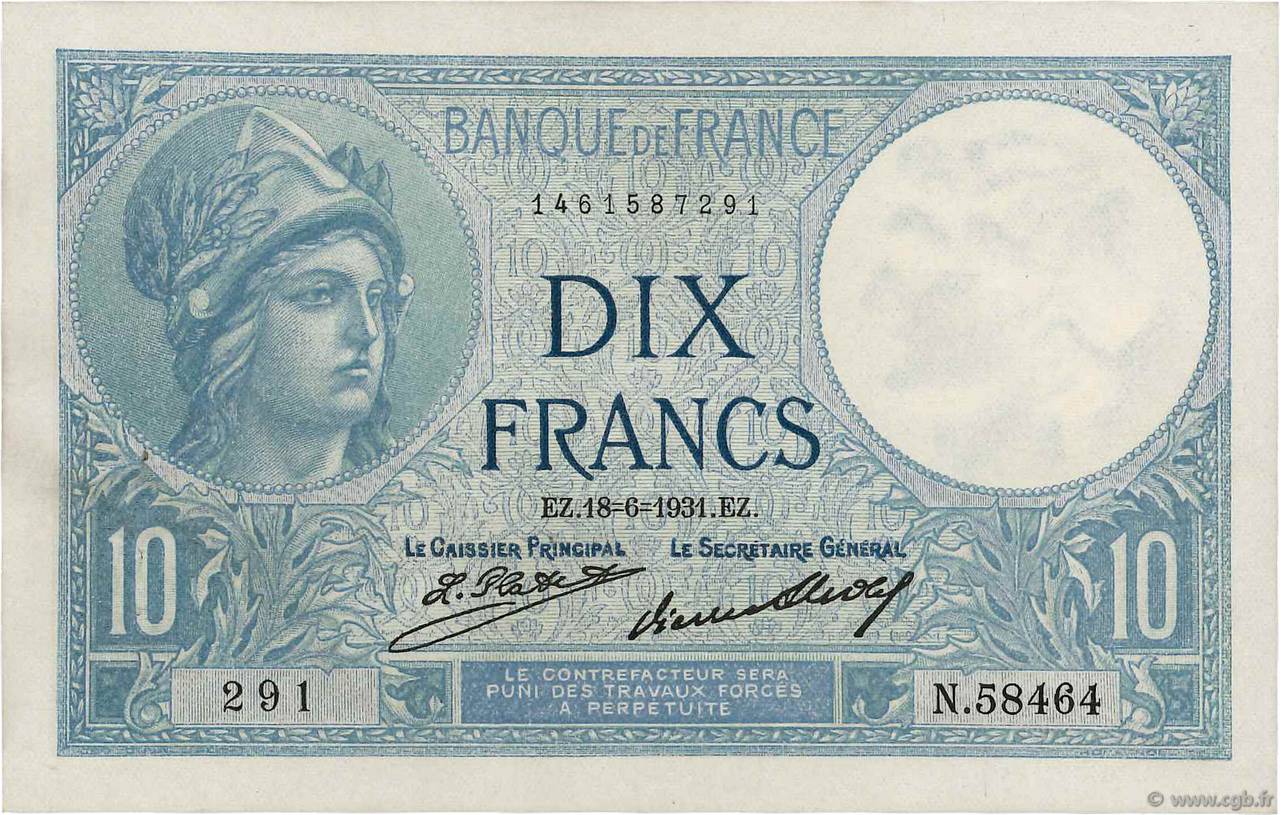 10 Francs MINERVE FRANCE  1931 F.06.15 pr.SPL