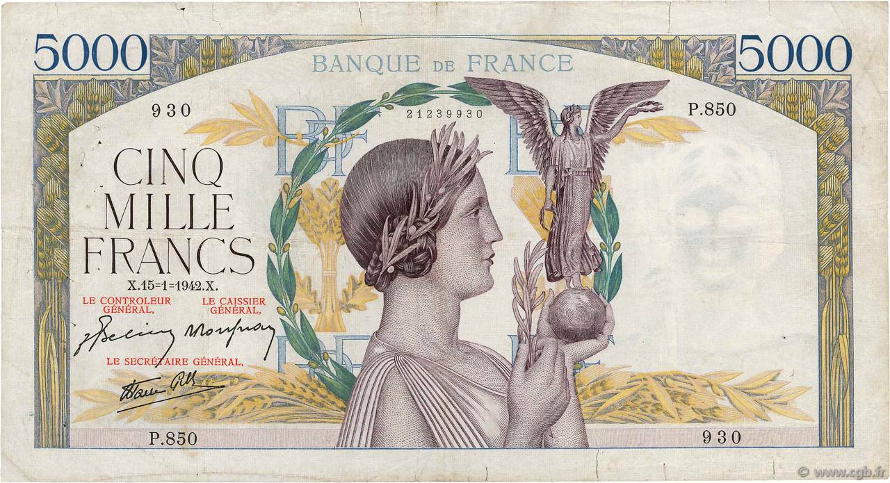 5000 Francs VICTOIRE Impression à plat FRANCE  1942 F.46.33 pr.TB