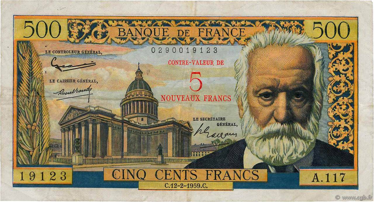 5 NF sur 500 Francs Victor HUGO FRANCIA  1959 F.52.02 BC+