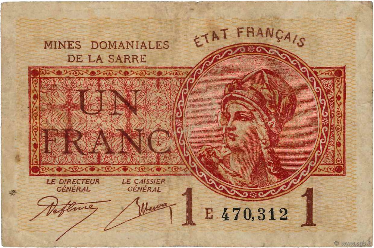 1 Franc MINES DOMANIALES DE LA SARRE FRANCE  1920 VF.51.05 F