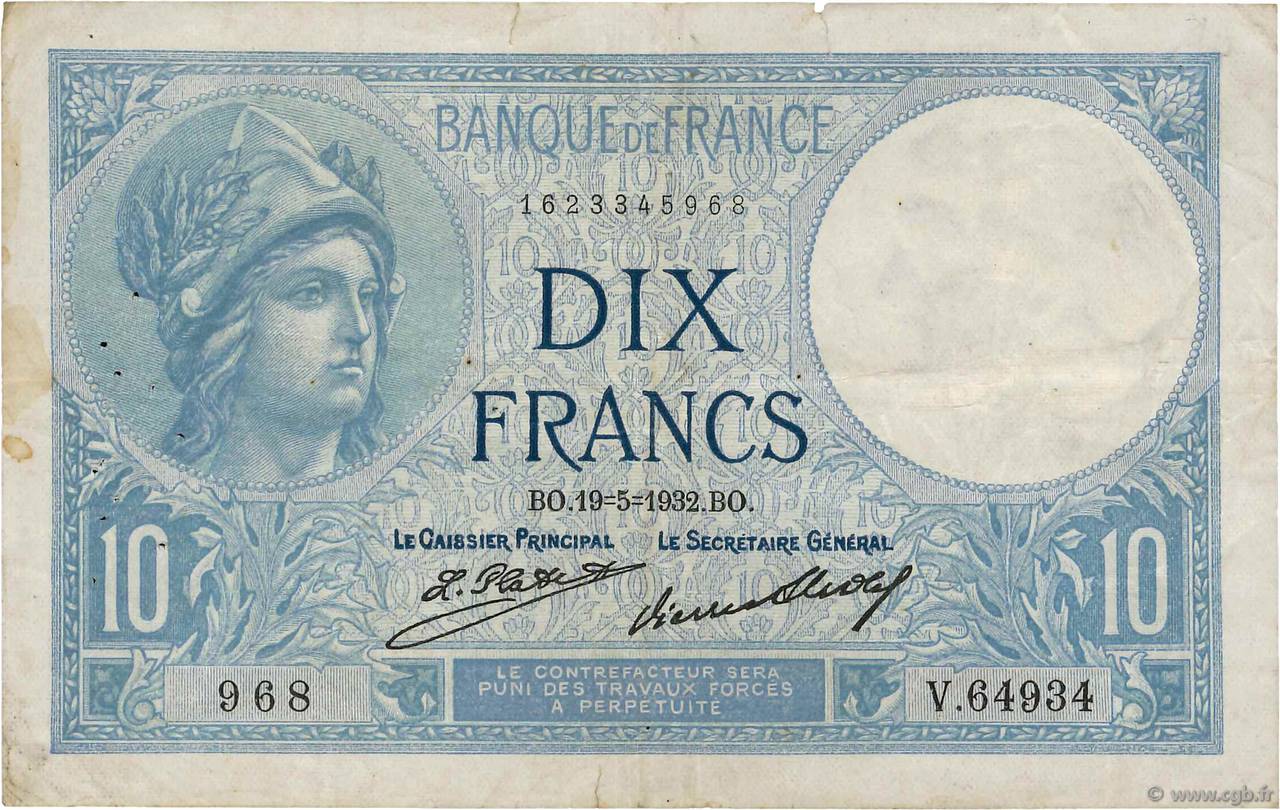 10 Francs MINERVE FRANCE  1932 F.06.16 TB