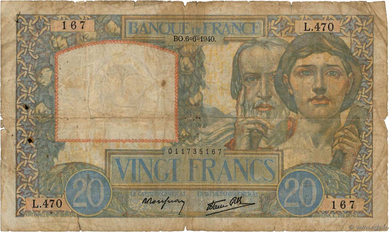 20 Francs TRAVAIL ET SCIENCE FRANCE  1940 F.12.03 AB