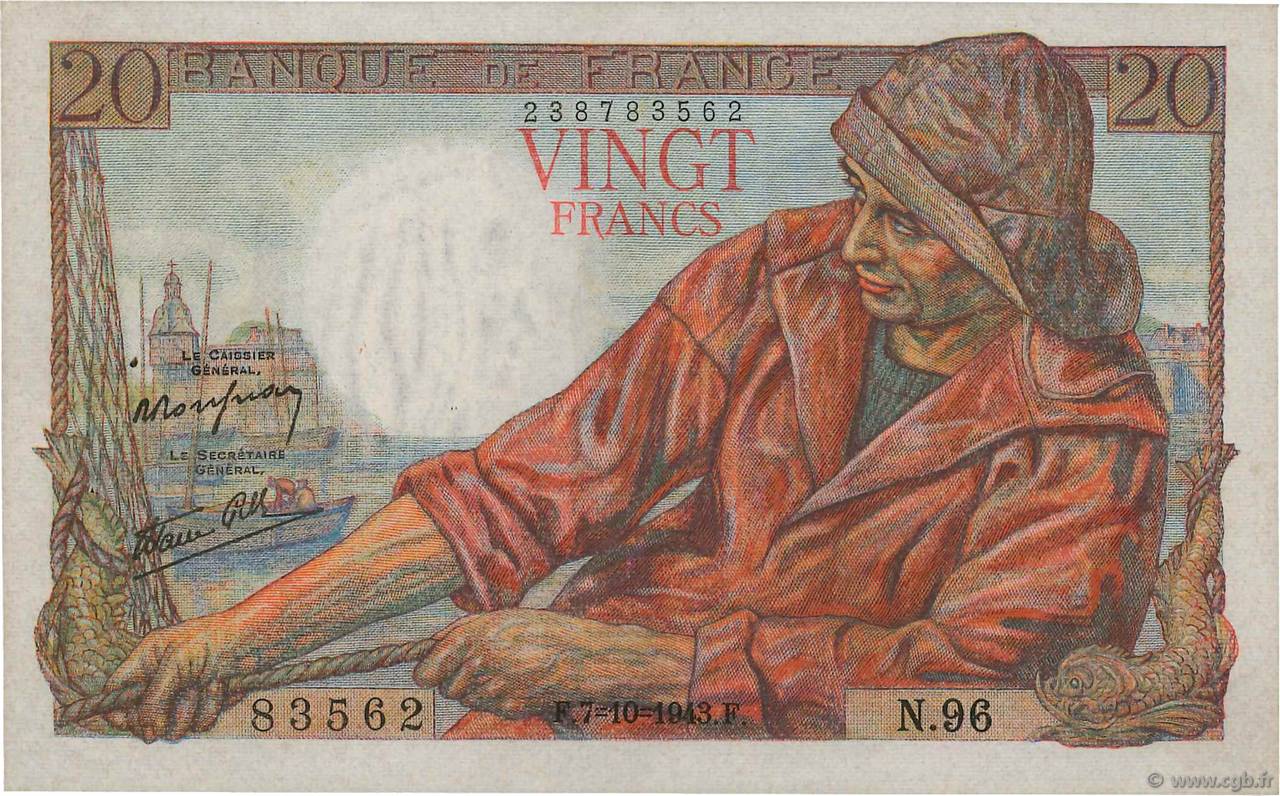 20 Francs PÊCHEUR FRANCE  1943 F.13.07 pr.SPL